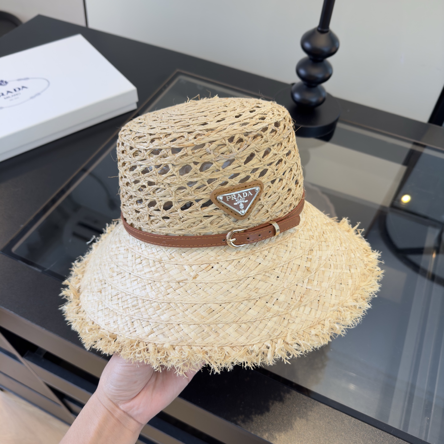 Prada 普拉达新款拉菲草帽，夏日遮阳帽，头围57cm
