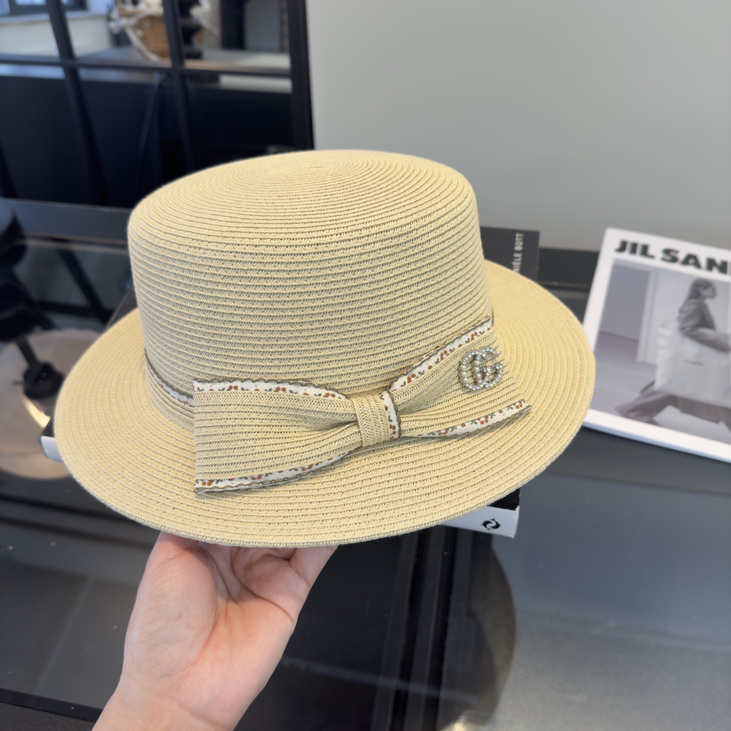 Gucci Gucci古奇新款蝴蝶结平顶草帽，简约