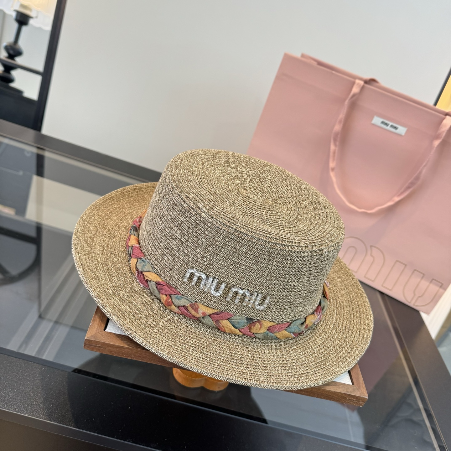 Pmiumiu缪缪平顶草帽，细草制作，头围57cm