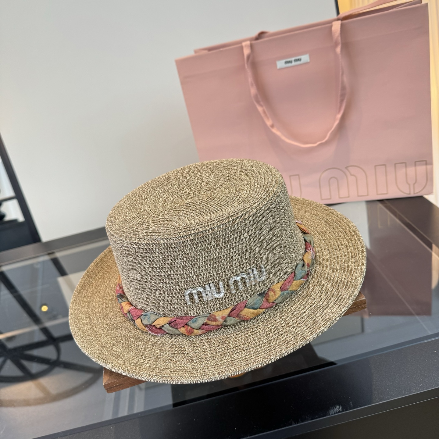 Pmiumiu缪缪平顶草帽，细草制作，头围57cm