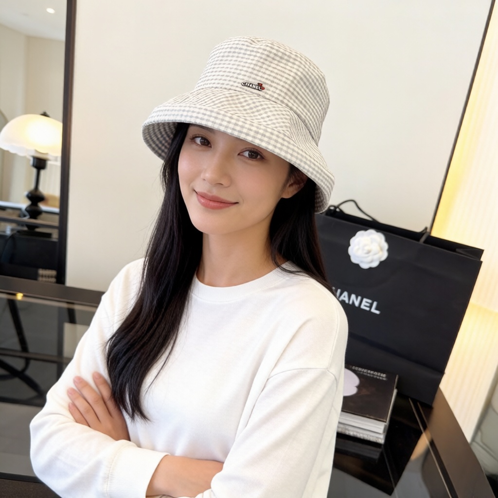 P Chanel香奈儿格子渔夫帽，甜美风 头围57cm