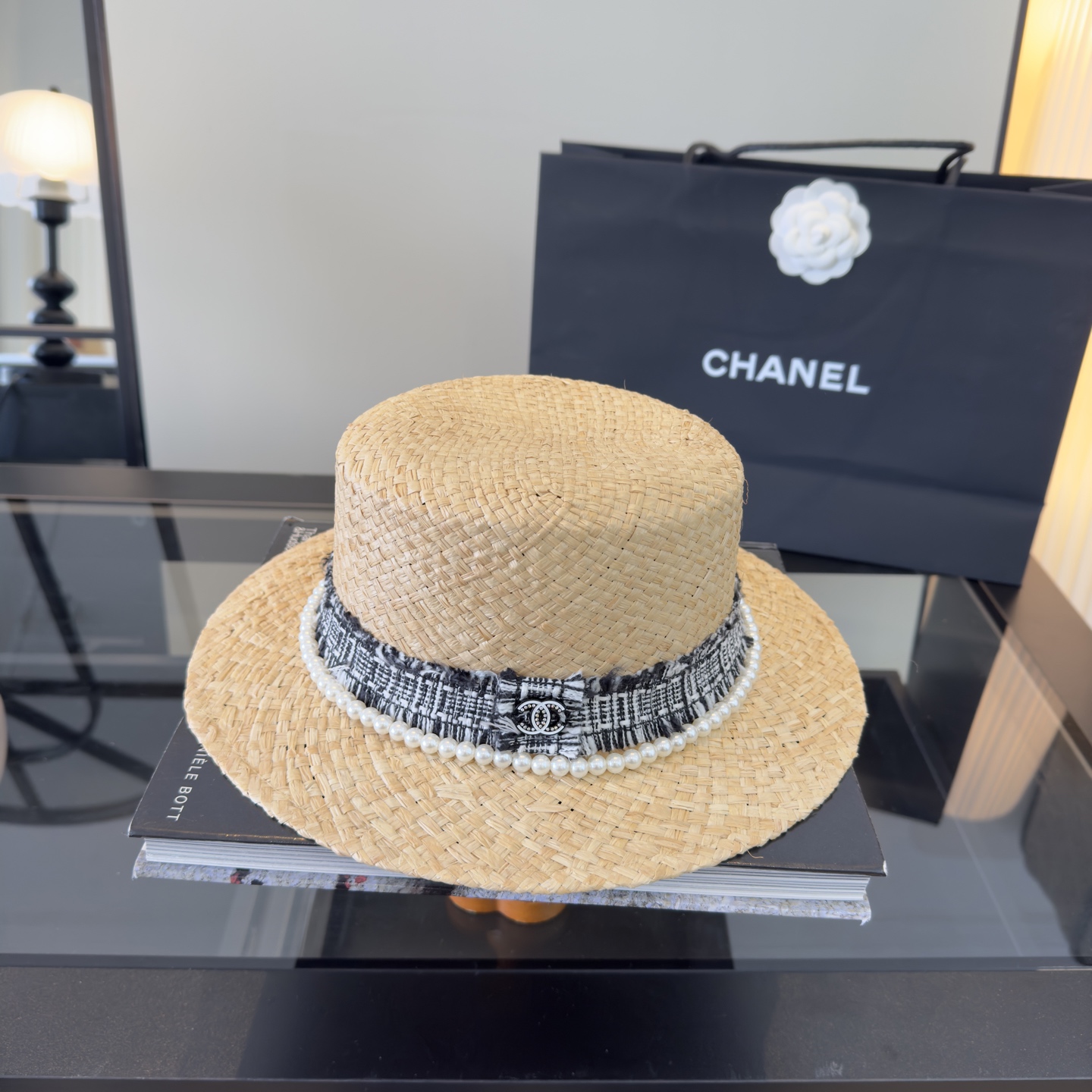 P Chanel香奈儿平顶草帽，头围57cm