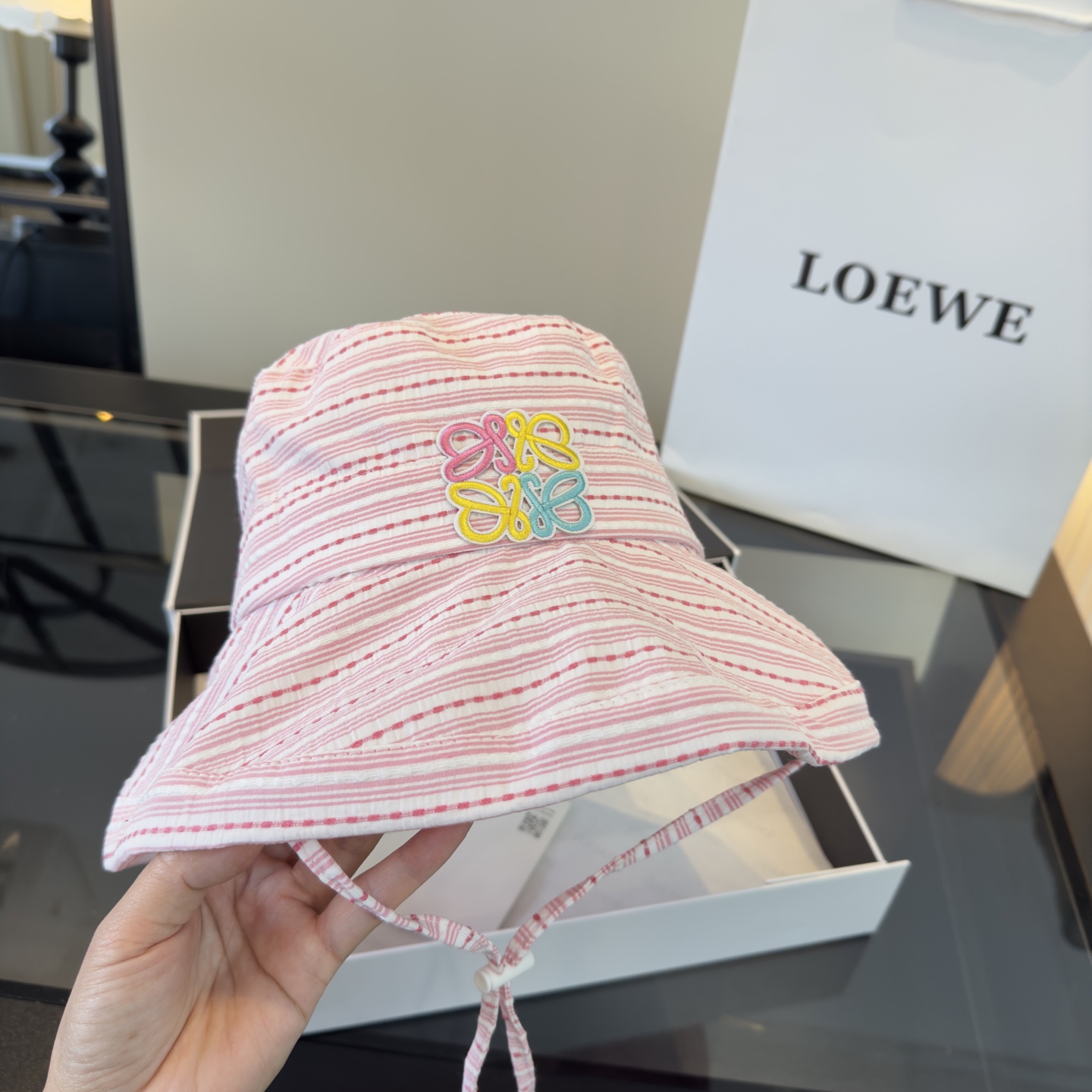 PLOEWE罗意威格子渔夫帽，夏日甜美风布帽，头围57cm