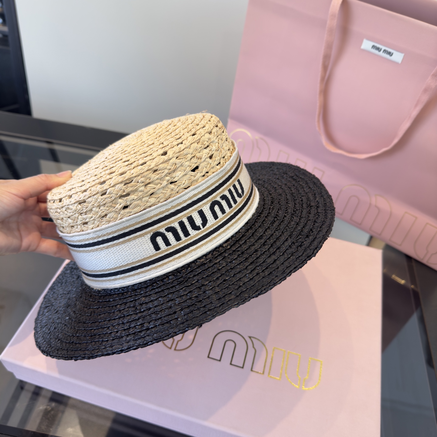 PMiuMiu缪缪新款平顶草帽，头围67cm
