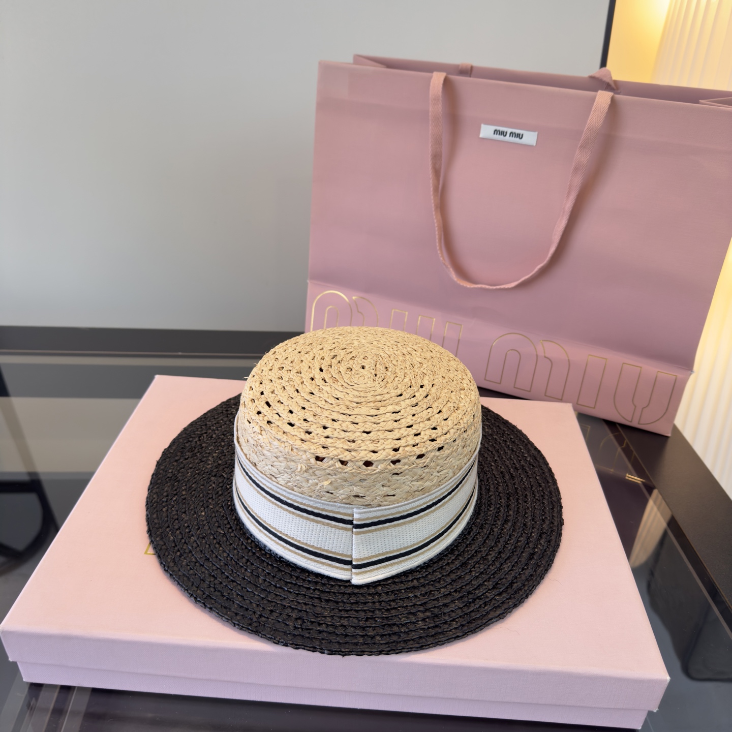 PMiuMiu缪缪新款平顶草帽，头围67cm
