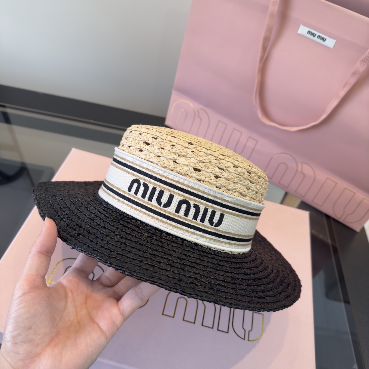 PMiuMiu缪缪新款平顶草帽，头围67cm