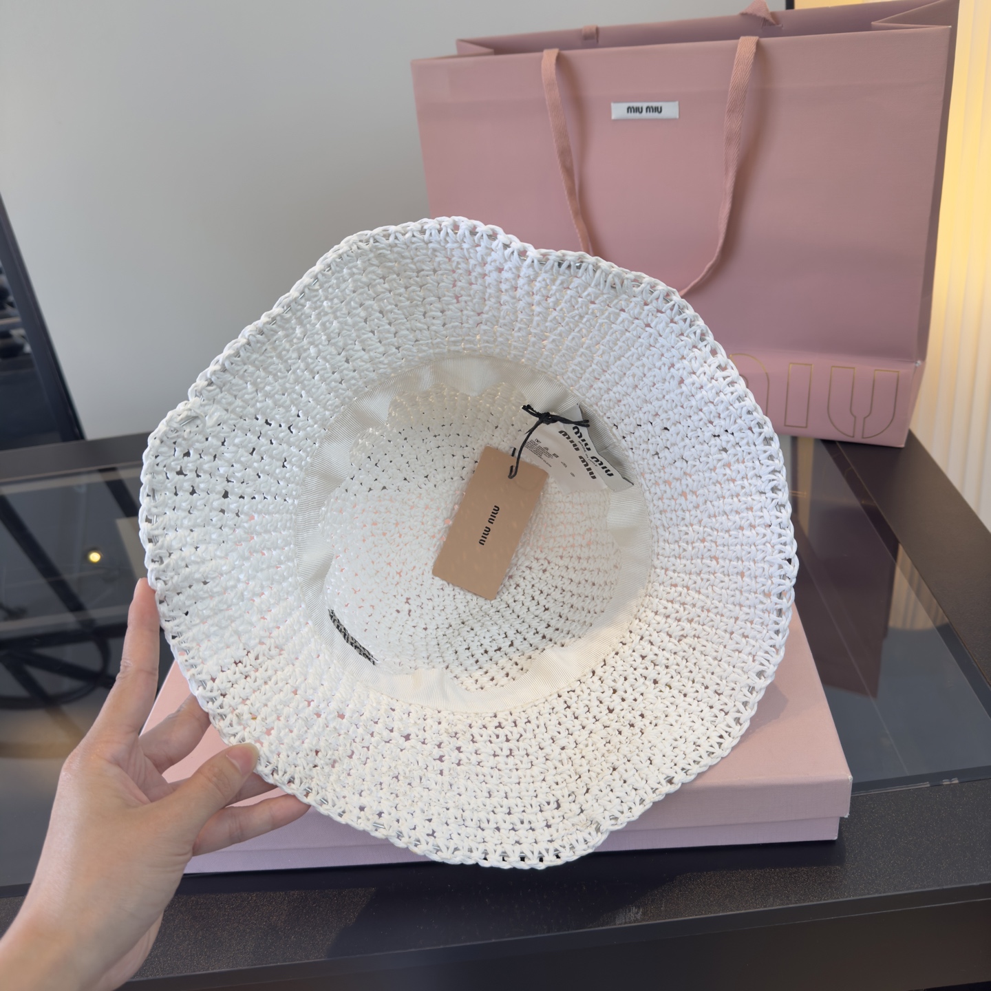 Pmiumiu缪缪新款草帽，纯手工编织草帽，头围57cm可折叠