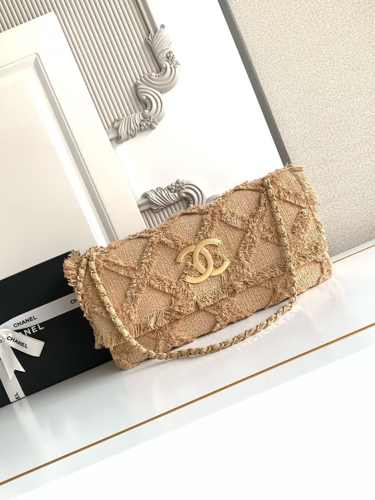 Chanel Vintage Woven Straw Flap Bag with Chain Accent, 38x21x11cm