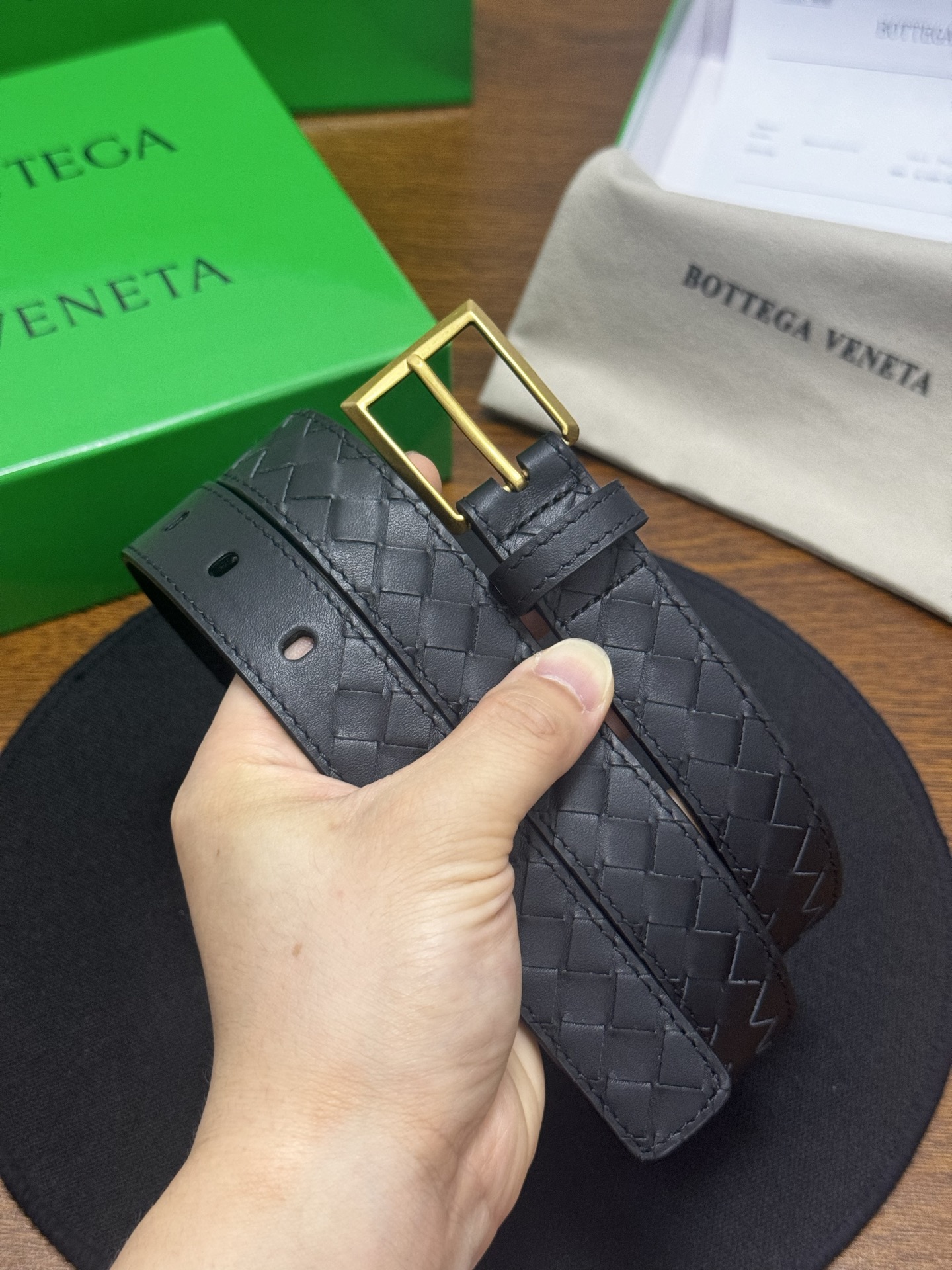 BOTTEGA VENETA   2.5cm   黑Intrecciato Piccolo编织皮革腰带，