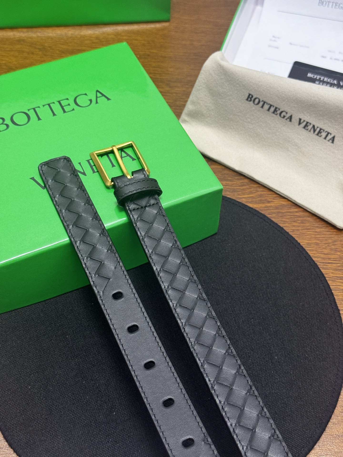 BOTTEGA VENETA   2.5cm   黑Intrecciato Piccolo编织皮革腰带，