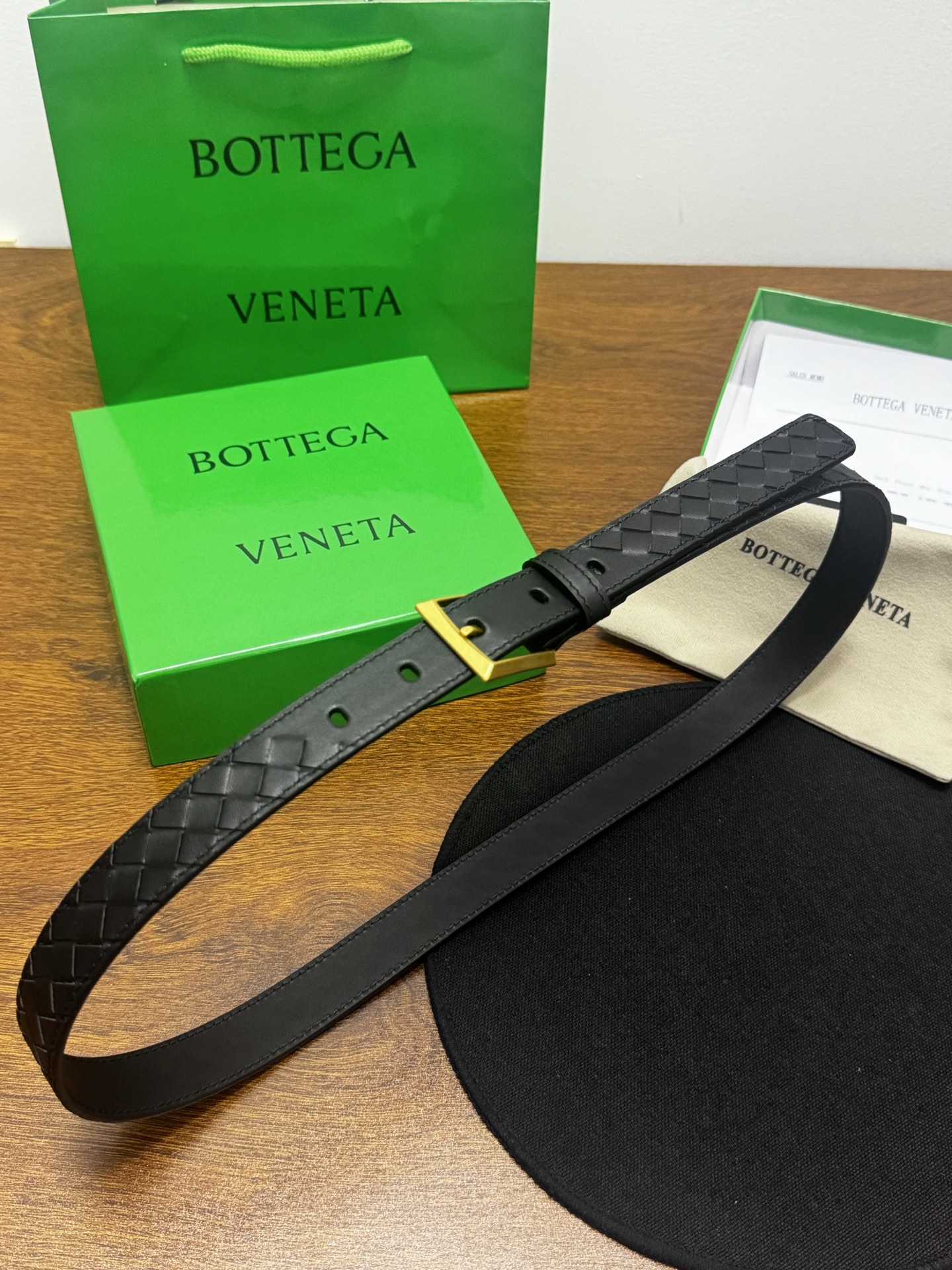 BOTTEGA VENETA   2.5cm   黑Intrecciato Piccolo编织皮革腰带，