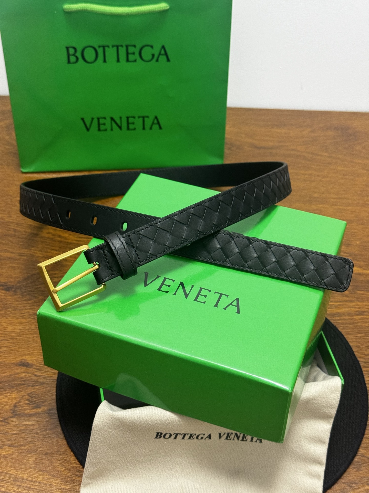 BOTTEGA VENETA   2.5cm   黑Intrecciato Piccolo编织皮革腰带，