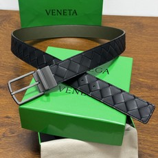BOTTEGA VENETA 3.5cm 黑色/鳄鱼绿底 Intrecciato编织皮革双面腰带,金属可旋转 BOTTEGA VENETA 3.5cm 黑色/鳄鱼绿底 Intrecciato编织皮革双面腰带,金属可旋转