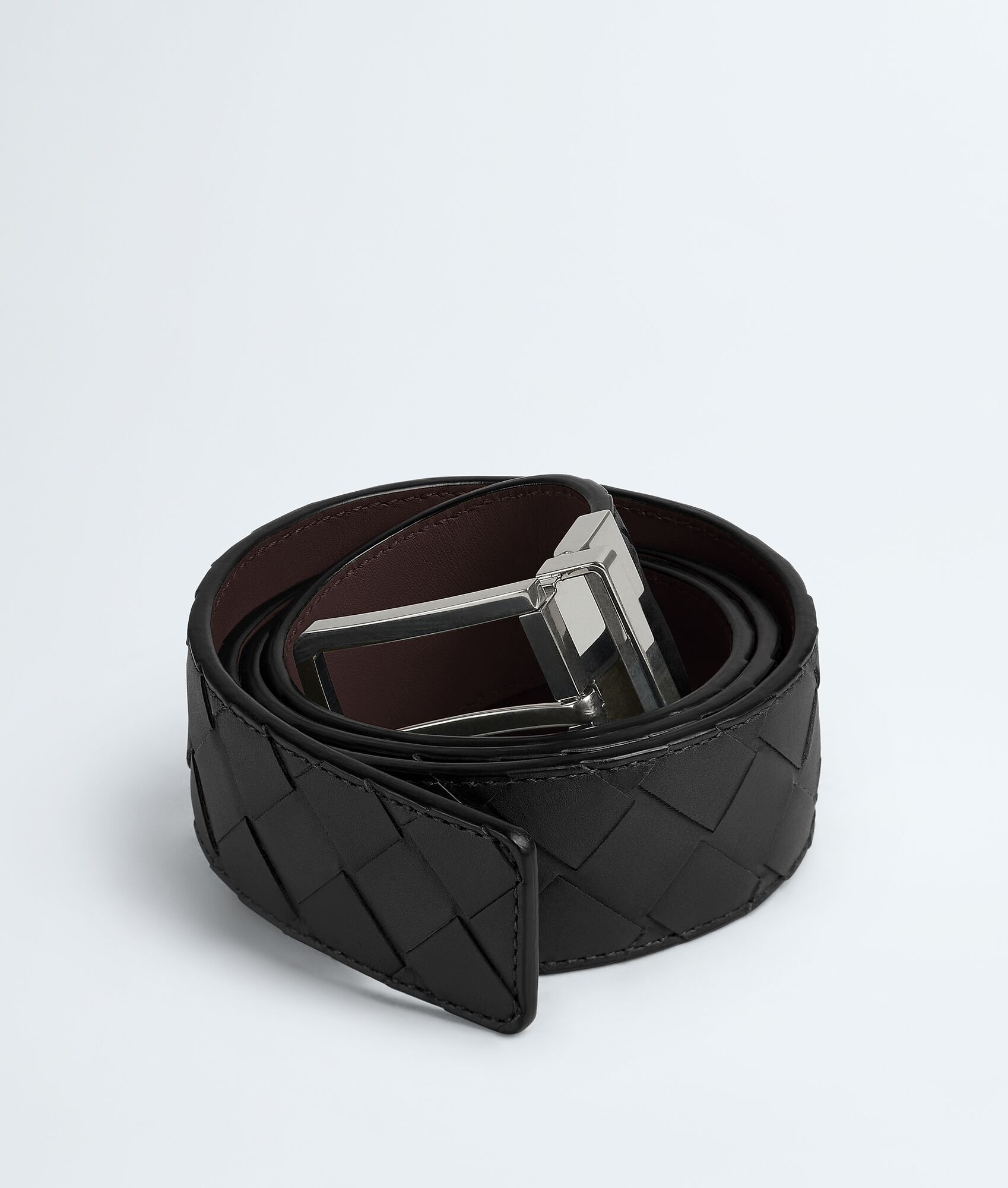 BOTTEGA VENETA   3.5cm     黑色/咖啡底 Intrecciato编织皮革双面腰带，金属可旋转搭