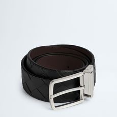 BOTTEGA VENETA 3.5cm 黑色/咖啡底 Intrecciato编织皮革双面腰带,金属可旋转搭 BOTTEGA VENETA 3.5cm 黑色/咖啡底 Intrecciato编织皮革双面腰带,金属可旋转搭