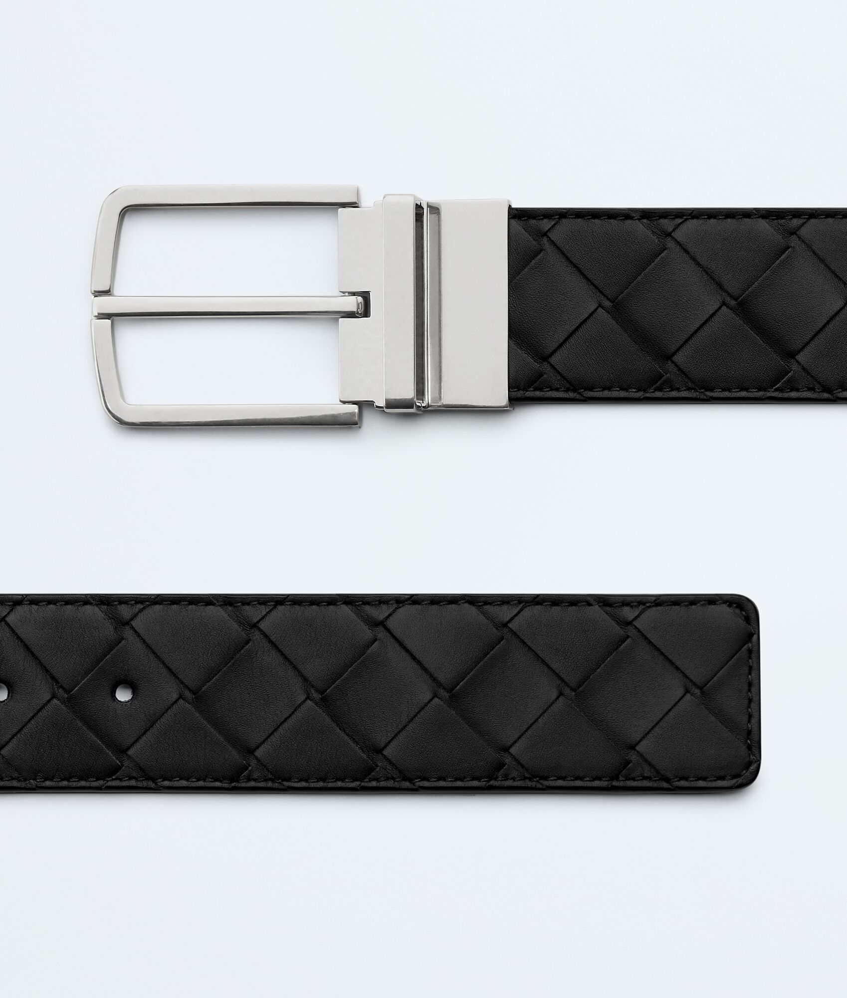 BOTTEGA VENETA   3.5cm     黑色/咖啡底 Intrecciato编织皮革双面腰带，金属可旋转搭