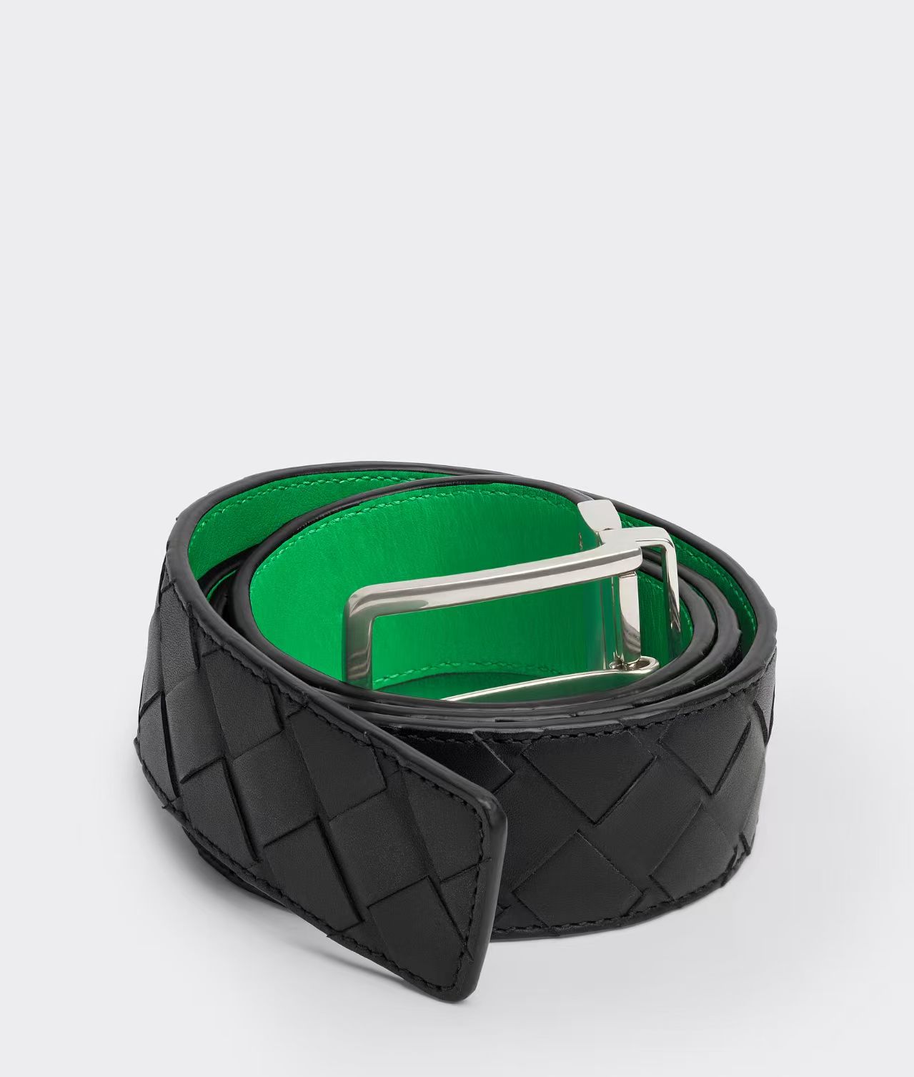 BOTTEGA VENETA   3.5cm     黑色/绿色底 Intrecciato编织皮革双面腰带，金属可旋转搭