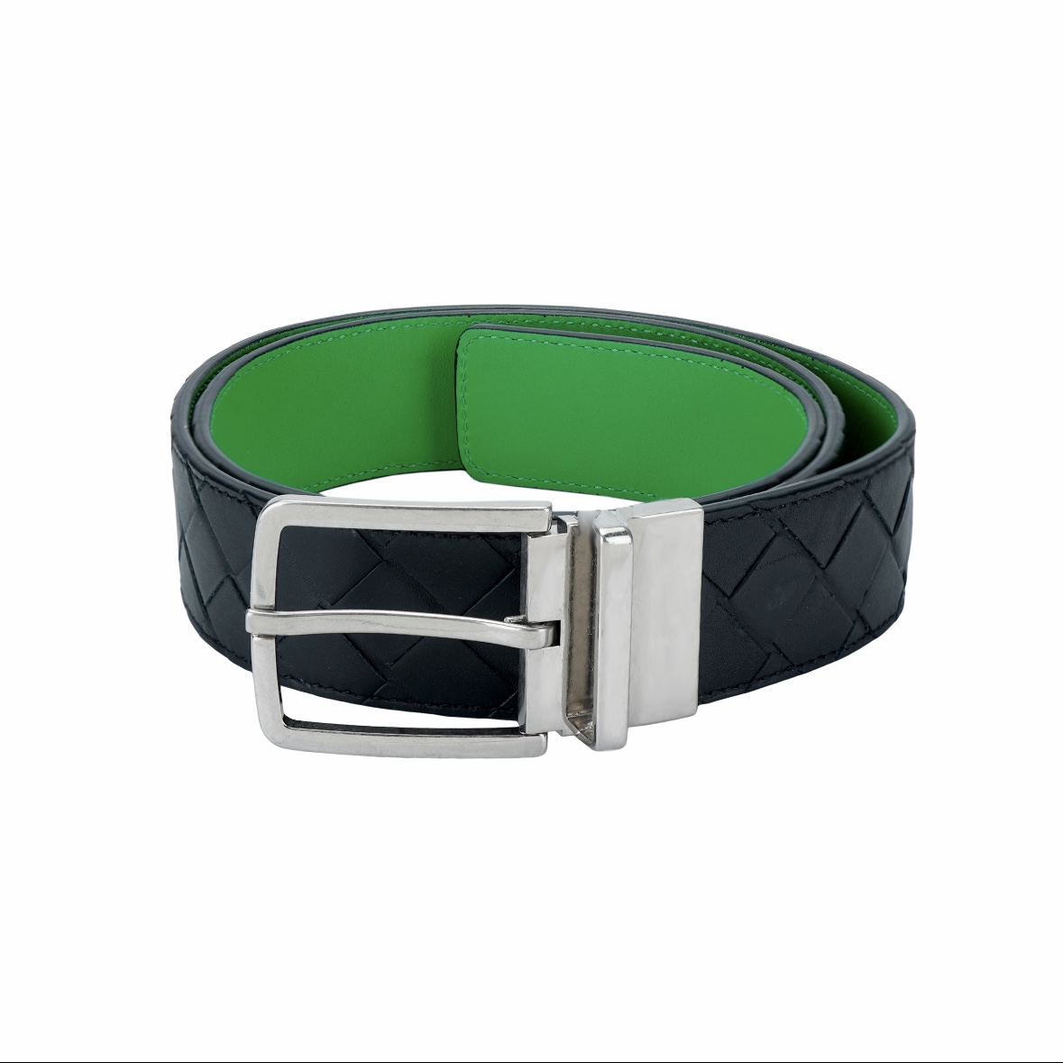 BOTTEGA VENETA   3.5cm     黑色/绿色底 Intrecciato编织皮革双面腰带，金属可旋转搭