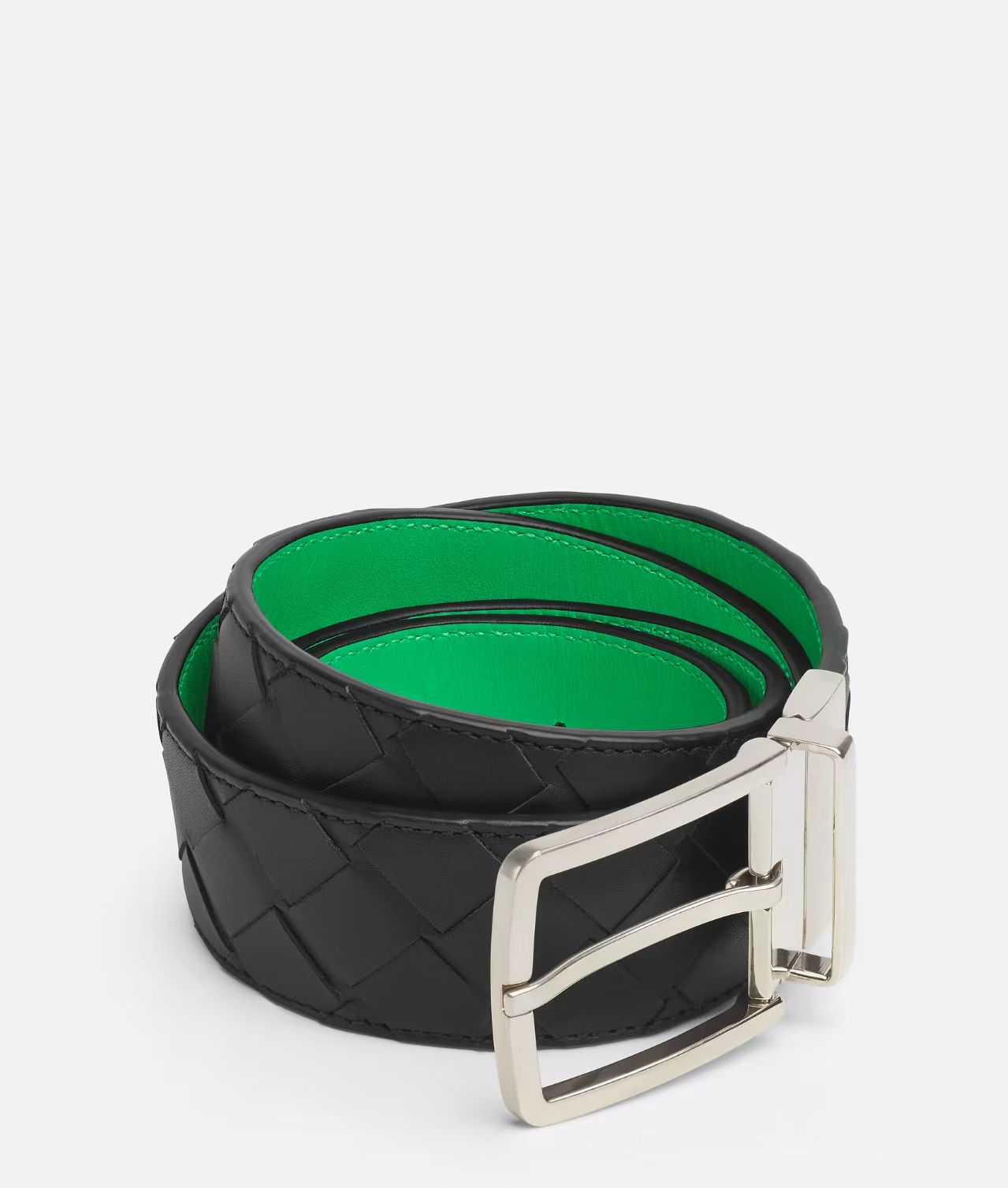 BOTTEGA VENETA 3.5cm 黑色/绿色底 Intrecciato编织皮革双面腰带,金属可旋转搭 BOTTEGA VENETA 3.5cm 黑色/绿色底 Intrecciato编织皮革双面腰带,金属可旋转搭