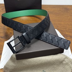 BOTTEGA VENETA 3.5cm 黑色/绿色底 Intrecciato编织皮革双面腰带,金属搭扣开合 BOTTEGA VENETA 3.5cm 黑色/绿色底 Intrecciato编织皮革双面腰带,金属搭扣开合