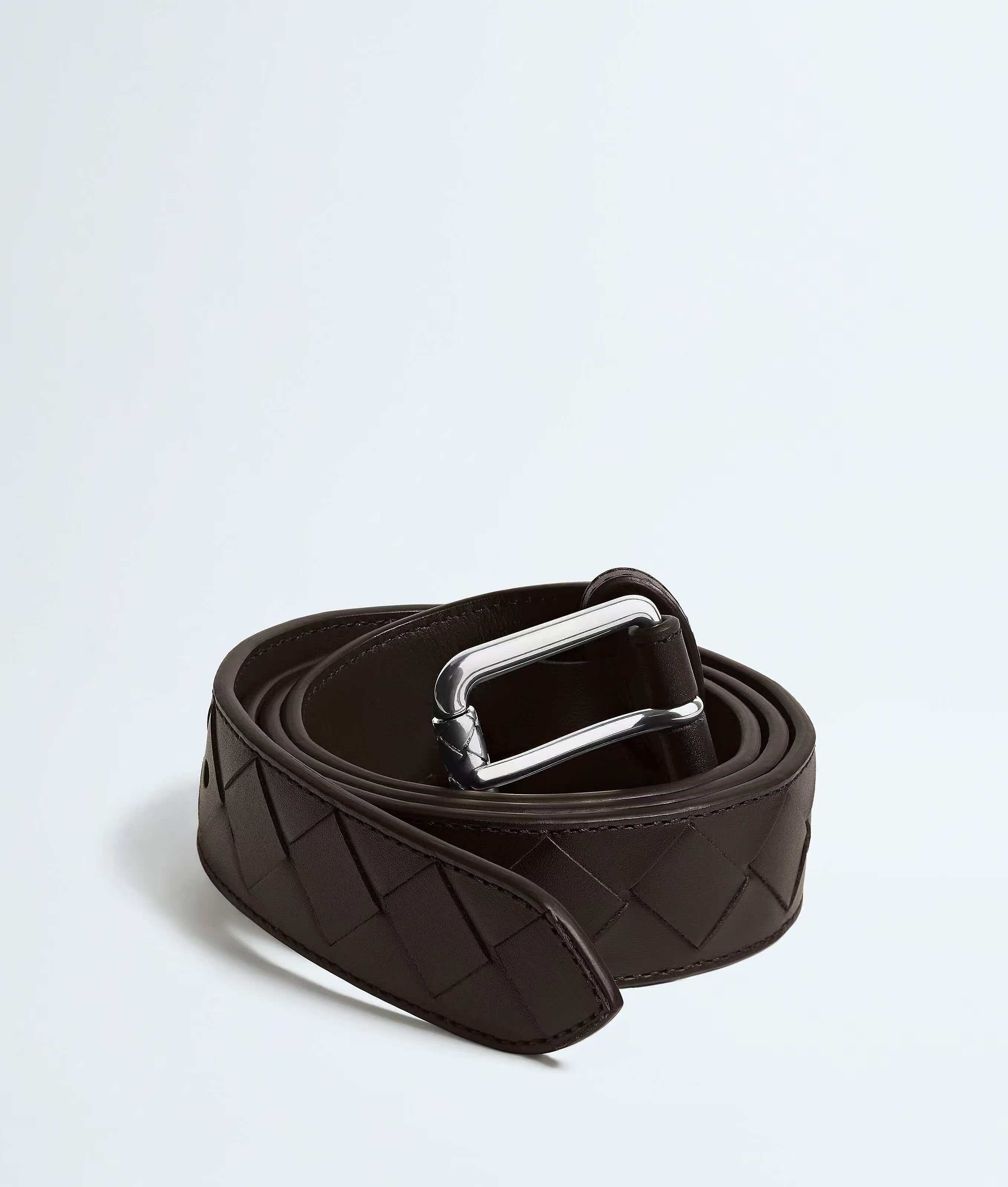 BOTTEGA VENETA   3.0cm    咖啡 Intrecciato编织牛皮革腰带，金属搭扣爪扣开合配色饰面