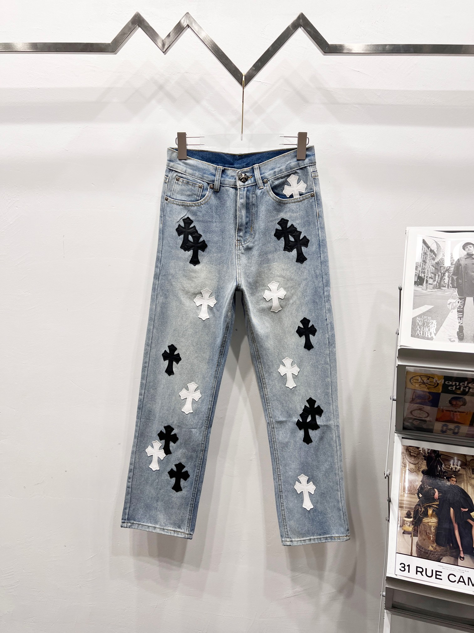 Chrome Hearts 2025 Black and White Cross Patchwork Loose Jeans
