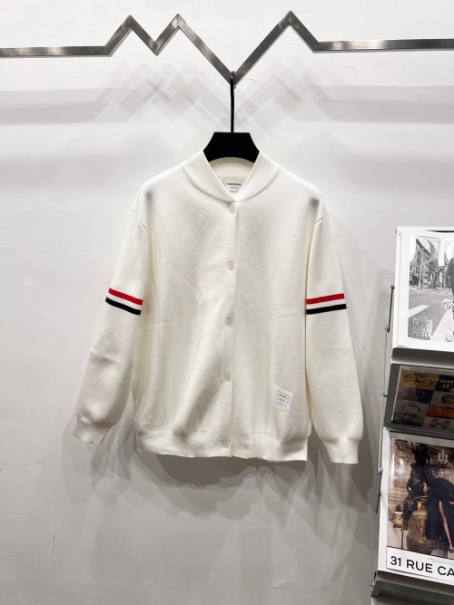 Thom Browne Wool Knit Cardigan with Signature Stripe Detail - White 1 Thom Browne Wool Knit Cardigan with Signature Stripe Detail - White