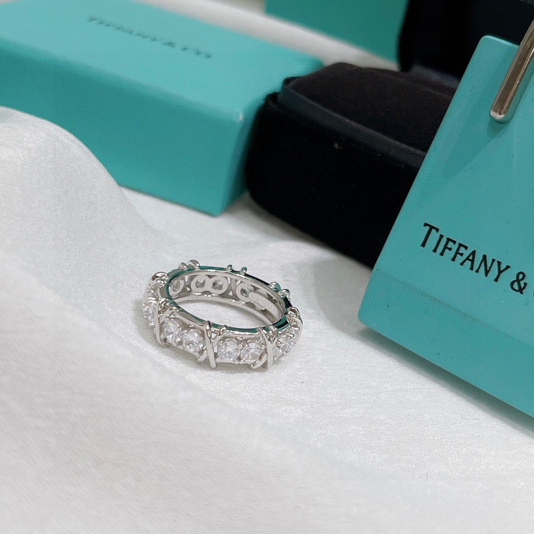 👑经典款 超火爆💍💍Tiff Co钻戒火爆高端11定制出模 交叉 白金 戒指💍原版字印 镶嵌进口顶级锆石