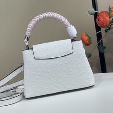 【顶级原单】【Capucines mini 手袋 】M48865 白色/粉色(编织手柄-牛皮压鸵鸟纹) 高贵的鸵鸟皮纹 【顶级原单】【Capucines mini 手袋 】M48865 白色/粉色(编织手柄-牛皮压鸵鸟纹) 高贵的鸵鸟皮纹