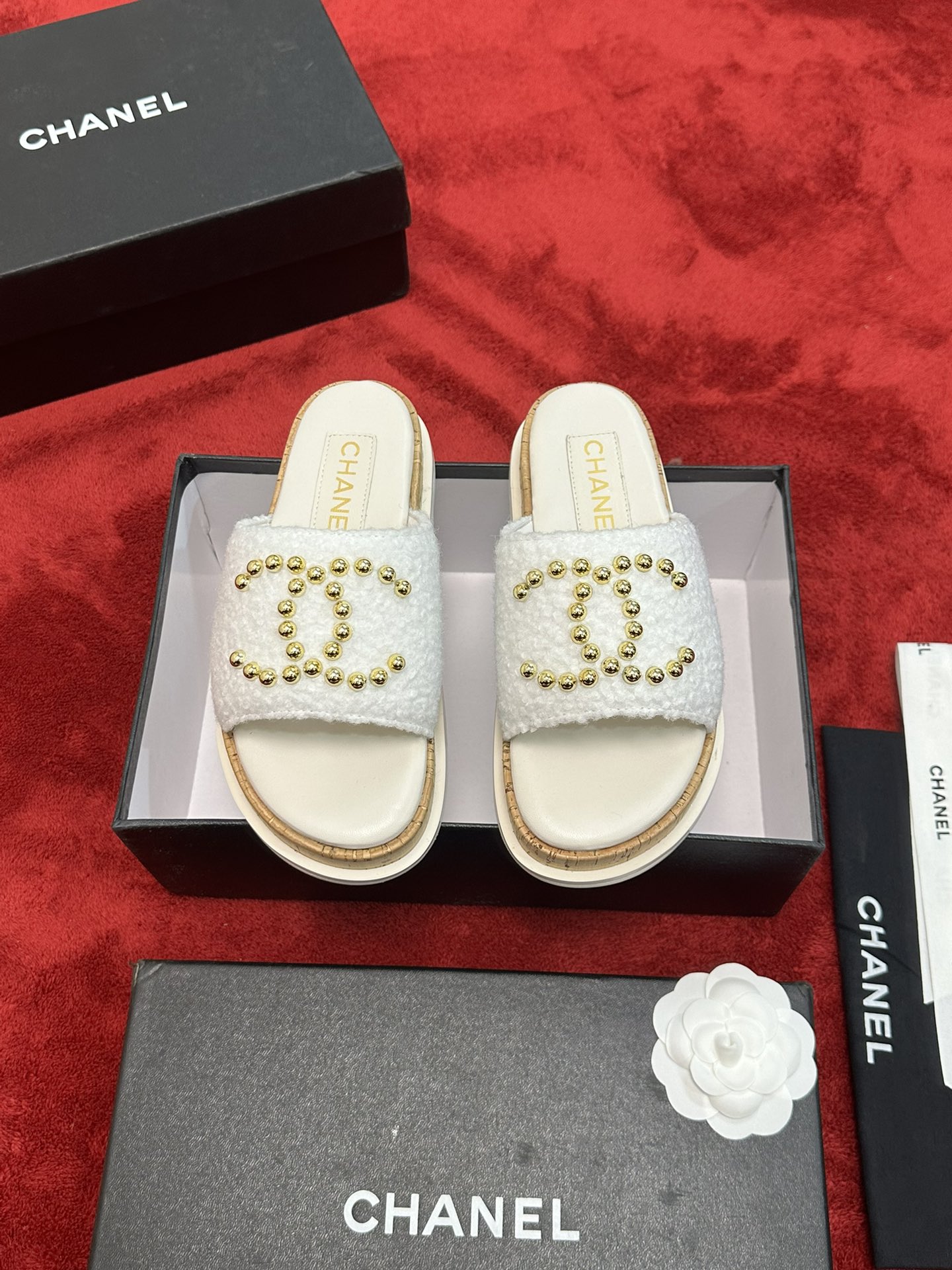 Chanel CHANE* ｜小香24P春夏新品珍珠大双C木纹厚底拖鞋