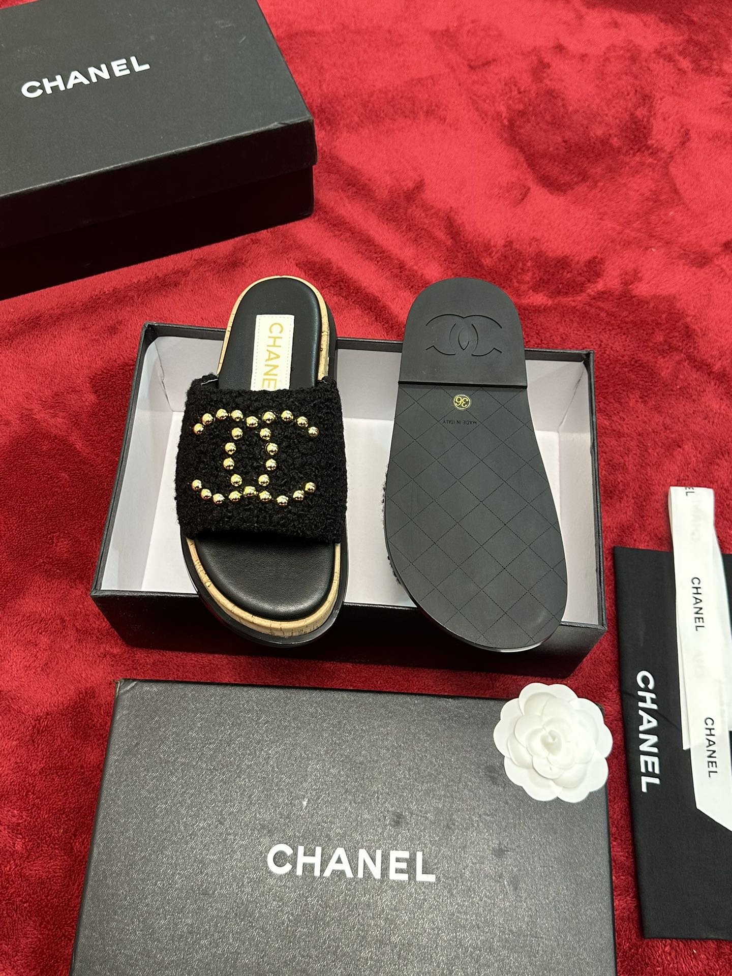 Chanel CHANE* ｜小香24P春夏新品珍珠大双C木纹厚底拖鞋
