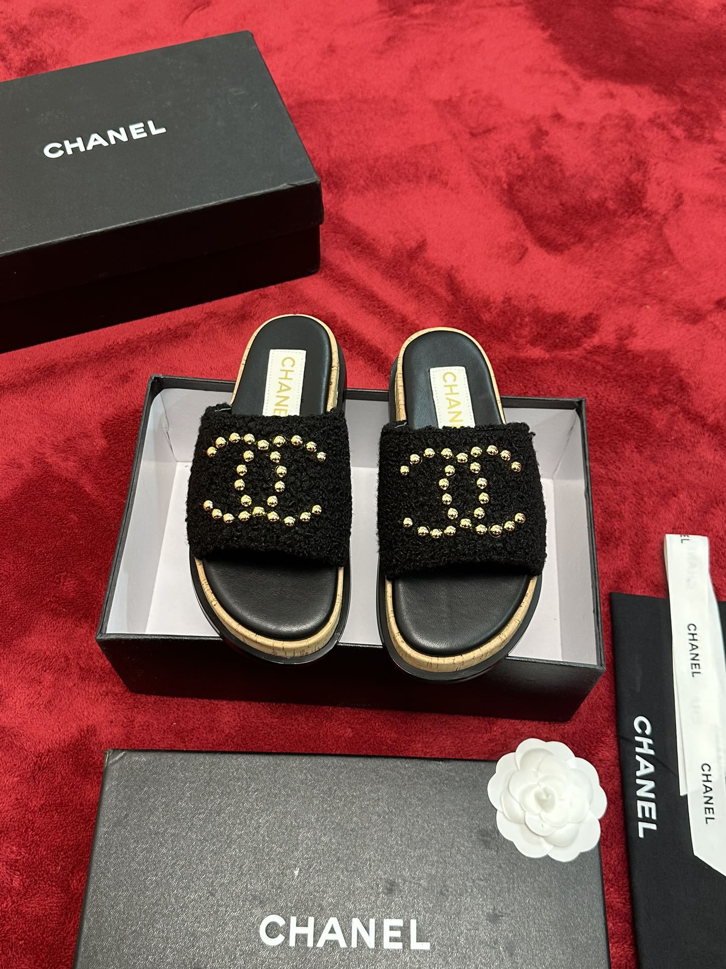 Chanel CHANE* ｜小香24P春夏新品珍珠大双C木纹厚底拖鞋