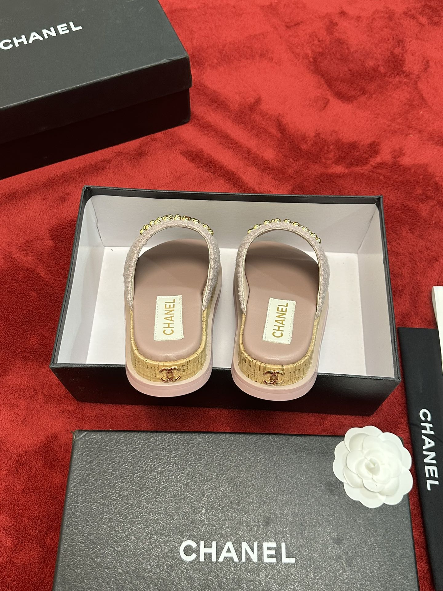 Chanel CHANE* ｜小香24P春夏新品珍珠大双C木纹厚底拖鞋