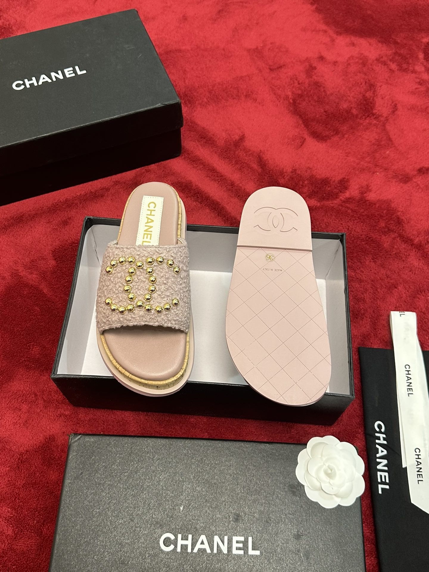 Chanel CHANE* ｜小香24P春夏新品珍珠大双C木纹厚底拖鞋