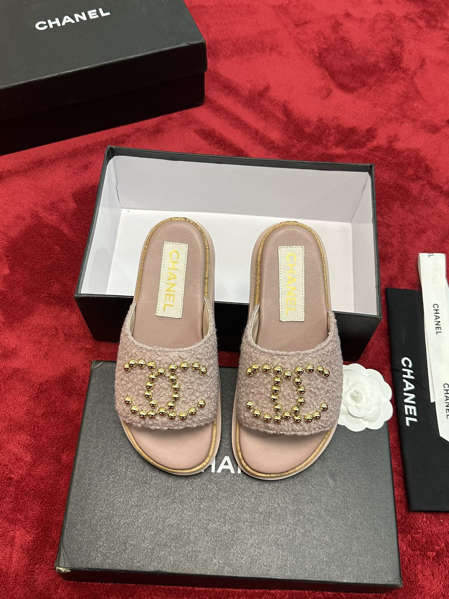 Chanel CHANE* ｜小香24P春夏新品珍珠大双C木纹厚底拖鞋