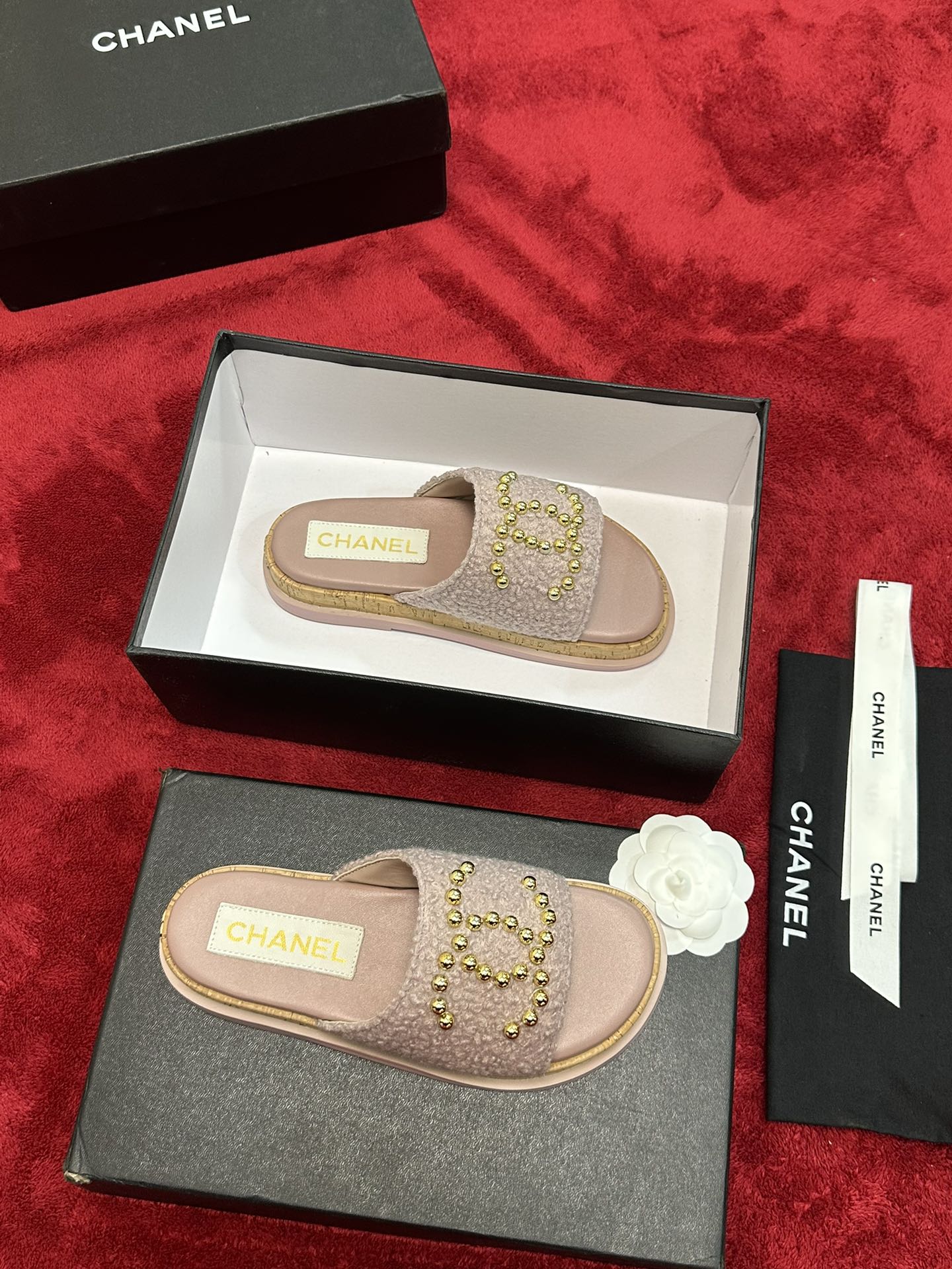 Chanel CHANE* ｜小香24P春夏新品珍珠大双C木纹厚底拖鞋