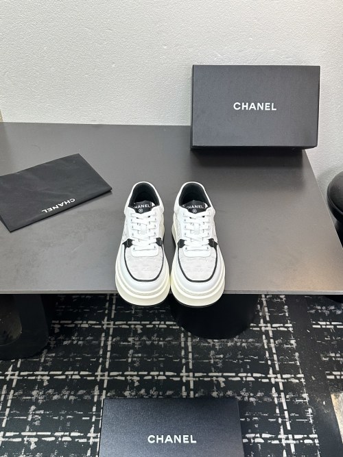 Chanel Women's White Leather & Fabric Low-Top Platform Fashion Sneakers 1 Chanel Women's White Leather & Fabric Low-Top Platform Fashion Sneakers