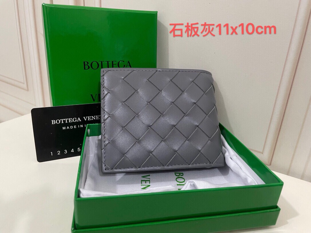 Bottega Veneta gris ardoise cuir de veau pleine fleur portefeuille compact tressé