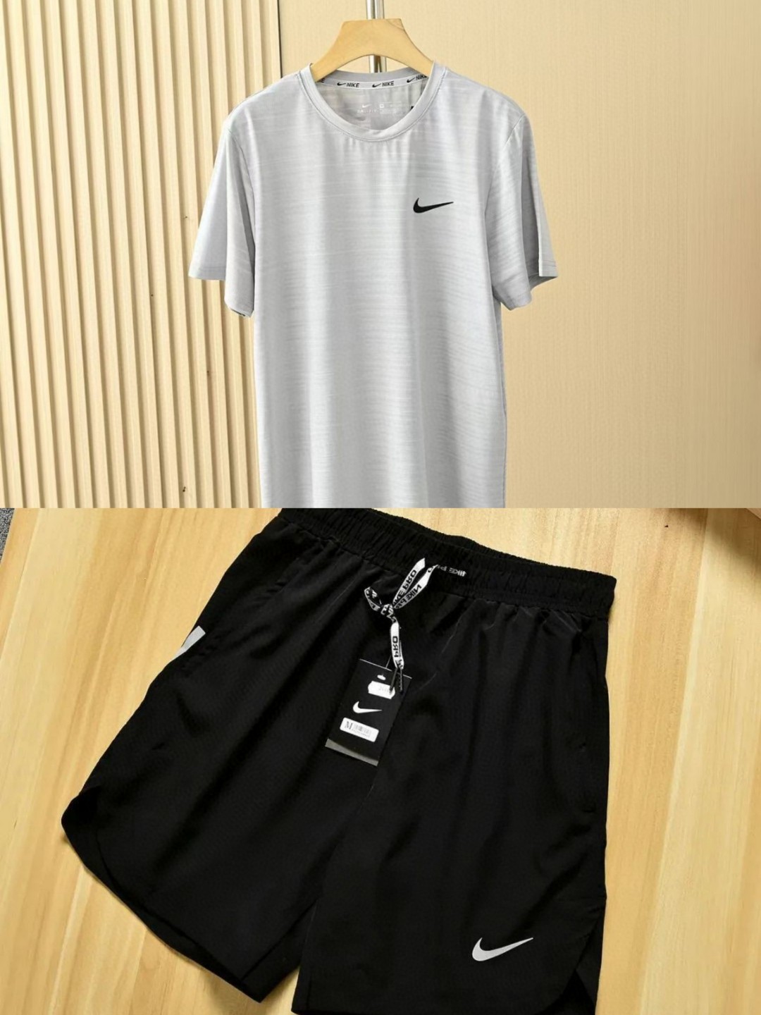 上新P110
自带冰感透气弹力十足套装
透气 吸汗 男子 男士速干冰爽套装
耐克短袖T恤+冰爽五分短裤！！轻量透气，
黑色上衣+黑色短裤  黑色上衣+灰色短裤

皮粉上衣+黑色短裤   皮粉上衣+灰色短裤

灰白上衣+黑色短裤  灰白上衣+灰色短裤

尺码: M，L，XL，2XL，3XL
面料采用出口级定制混纺 功能性速干面料，吸湿排汗 防霉 除菌 全部功能加进面料里 绝不吹牛 ！
全身密拷工艺 密度极高，产量很低，工艺极其复杂，大厂出品，细节全部对应，做工走线有目共睹，懂做工的肯定了解！
标准亚洲体型裁剪，三个最好看的颜色，基础版本，永不过时，喜欢户外运动或者健身的朋友可以看过来！！已自留，强烈推荐兄弟们入手！