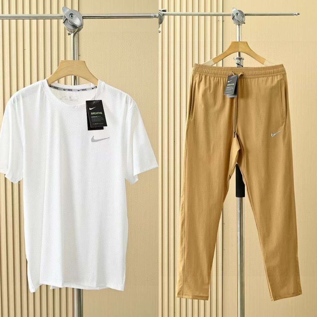 上新P140
自带冰感透气弹力十足套装
透气 吸汗 男子 男士速干冰爽套装
耐克短袖T恤+冰爽透气长裤！！轻量透气，
黑色上衣+黑色长裤  黑色上衣+灰色长裤
黑色上衣+卡其长裤  

白色上衣+黑色长裤   白色上衣+卡其长裤
白色上衣+灰色短裤  

灰色上衣+黑色长裤   灰色上衣+卡其长裤
灰色上衣+灰色长裤  

藏青上衣+黑色长裤   藏青上衣+卡其长裤
藏青上衣+灰色长裤  

尺码:  M L XL 2XL 3XL 

面料采用出口级定制混纺 功能性速干面料，吸湿排汗 防霉 除菌 全部功能加进面料里 绝不吹牛 ！
全身密拷工艺 密度极高，产量很低，工艺极其复杂，大厂出品，细节全部对应，做工走线有目共睹，懂做工的肯定了解！
标准亚洲体型裁剪，三个最好看的颜色，基础版本，永不过时，喜欢户外运动或者健身的朋友可以看过来！！已自留，强烈推荐兄弟们入手！