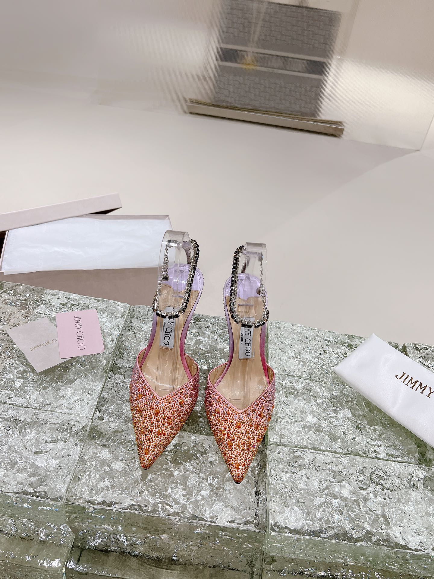 JIMMY CHOO высокаабцасныя сандалі сандалі з адкрытай пяткай і завязкамі востраносыя туфлі з глыбокім вырэзам крыштальныя завязкі + імпартаваная авечая скура поўназерністая крыштальная авечая скура