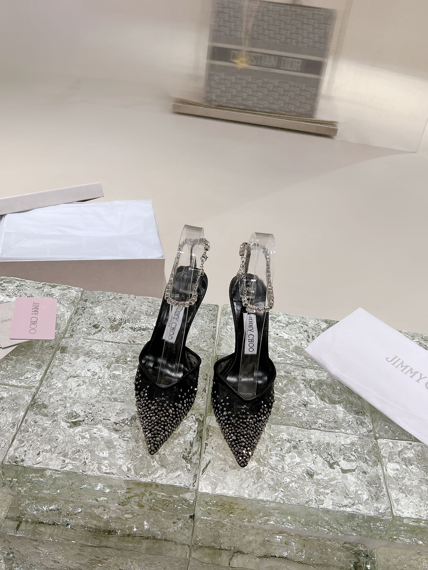 JIMMY CHOO высокаабцасныя сандалі сандалі з адкрытай пяткай і завязкамі востраносыя туфлі з глыбокім вырэзам крыштальныя завязкі + імпартаваная авечая скура поўназерністая крыштальная авечая скура