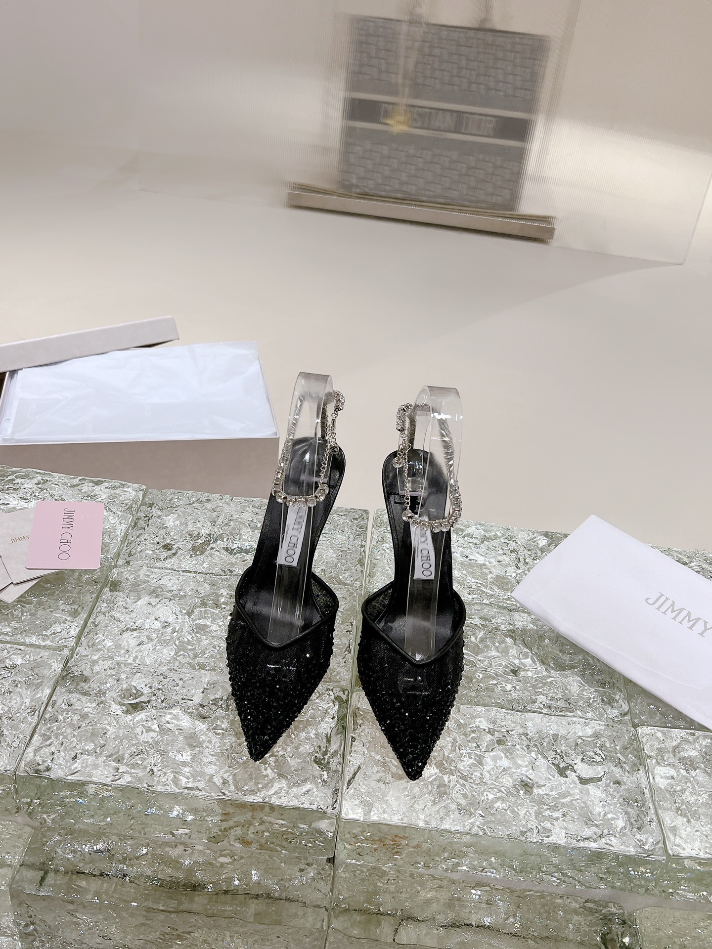 JIMMY CHOO высокаабцасныя сандалі сандалі з адкрытай пяткай і завязкамі востраносыя туфлі з глыбокім вырэзам крыштальныя завязкі + імпартаваная авечая скура поўназерністая крыштальная авечая скура