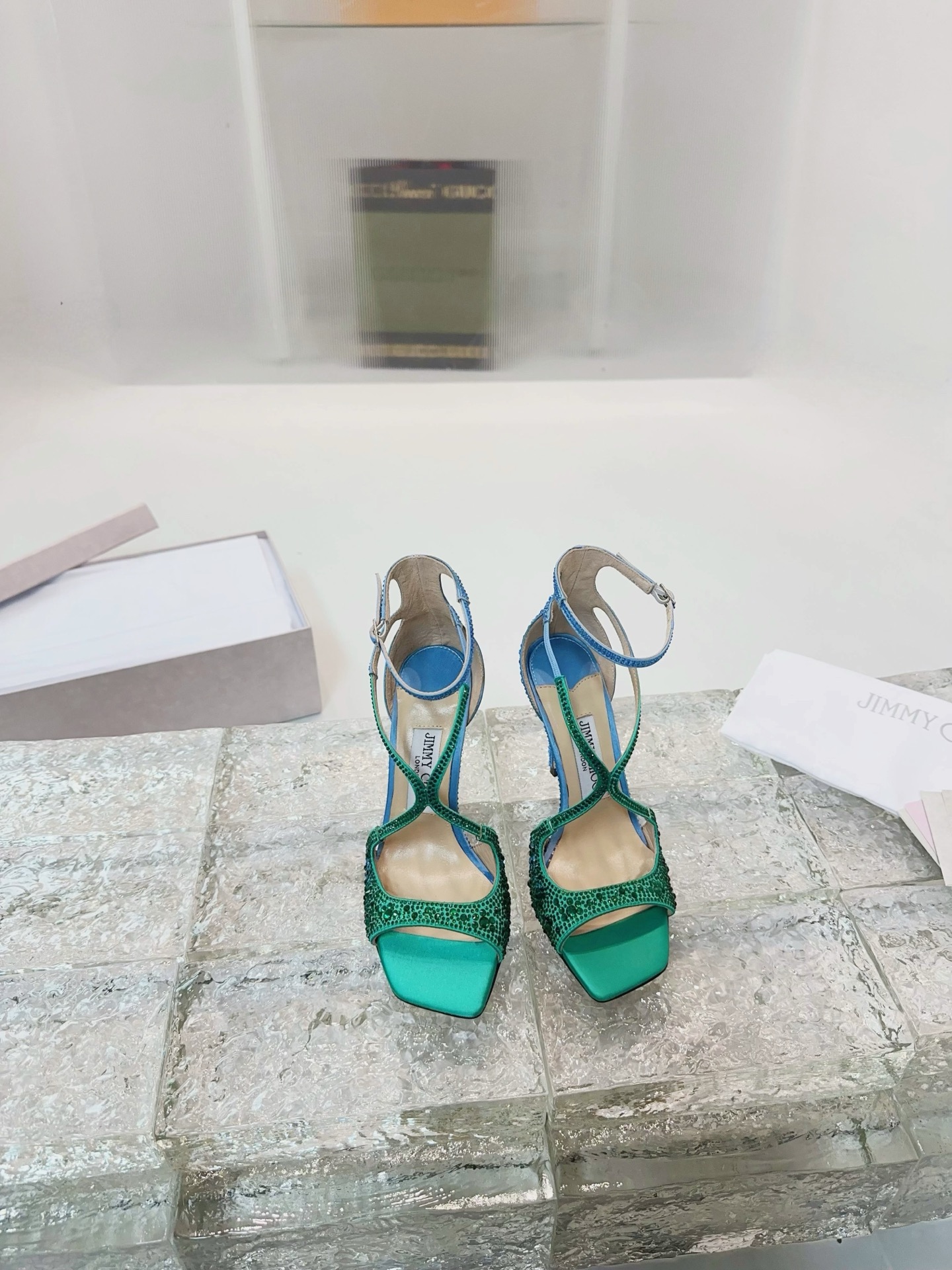JIMMY CHOO High Heel Sandals Slingback Sandals Pointed Toe Pumps Crystal Straps + Imported Sheepskin Full Grain Crystal Sheepskin