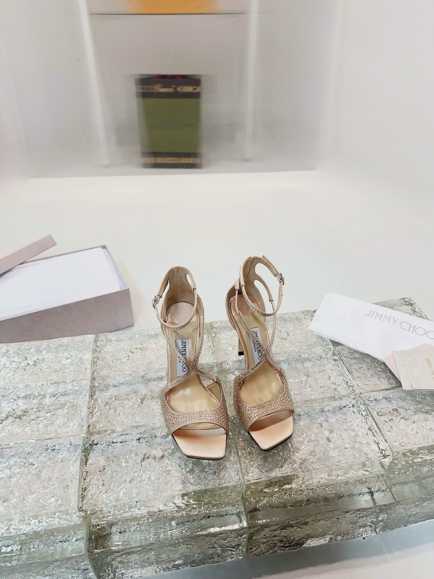 JIMMY CHOO High Heel Sandals Slingback Sandals Pointed Toe Pumps Crystal Straps + Imported Sheepskin Full Grain Crystal Sheepskin