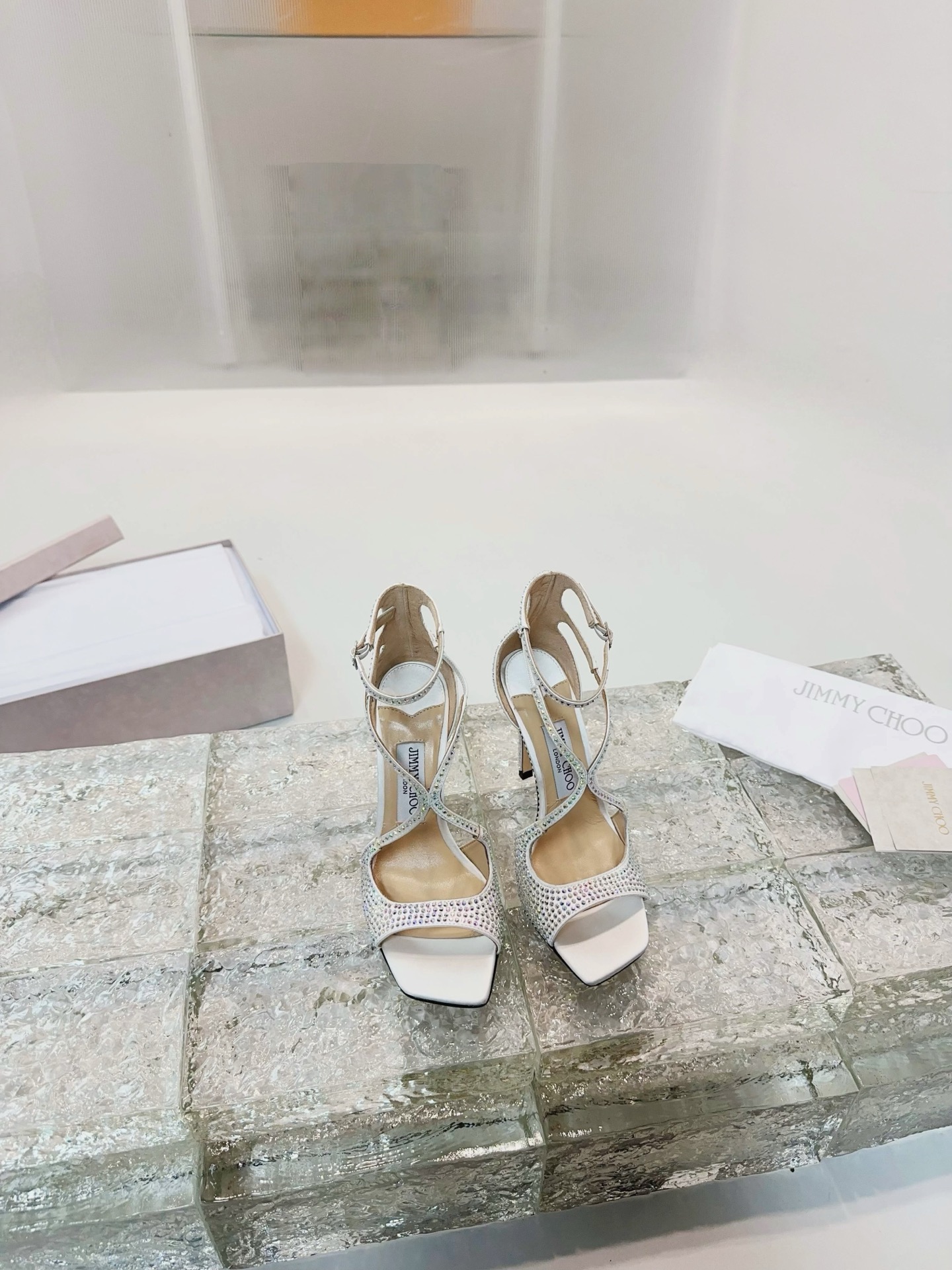 JIMMY CHOO High Heel Sandals Slingback Sandals Pointed Toe Pumps Crystal Straps + Imported Sheepskin Full Grain Crystal Sheepskin