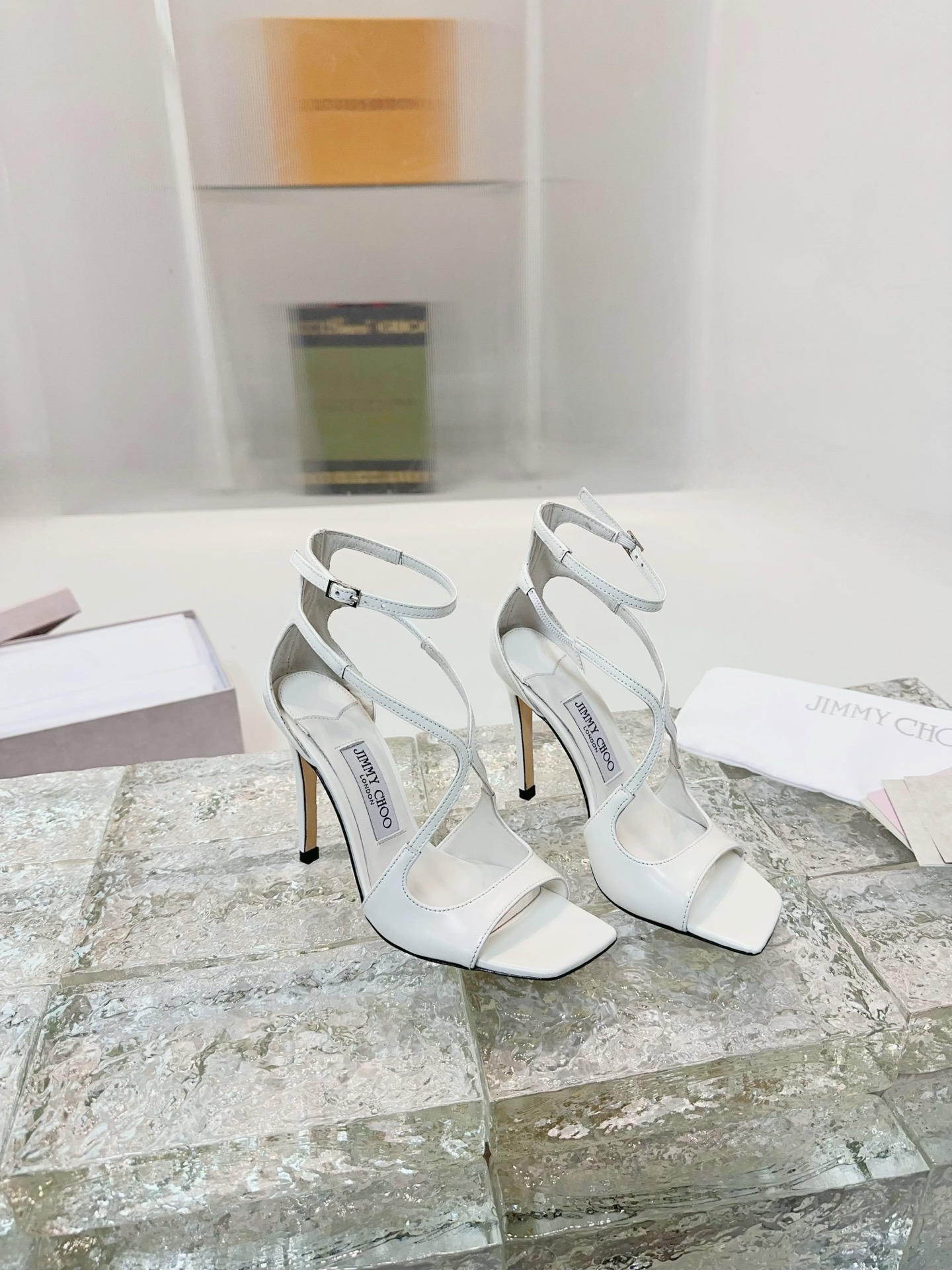 JIMMY CHOO High Heel Sandals Slingback Sandals Pointed Toe Pumps Crystal Straps + Imported Sheepskin Full Grain Crystal Sheepskin