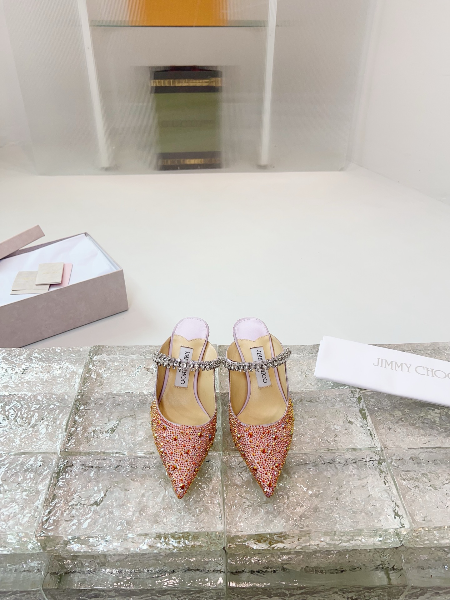 JIMMY CHOO Escarpins Sandales à talons Sandales ouvertes à l'arrière Escarpins à bout pointu Sangle en cristal + cuir de mouton importé Cuir de mouton pleine fleur à cristaux