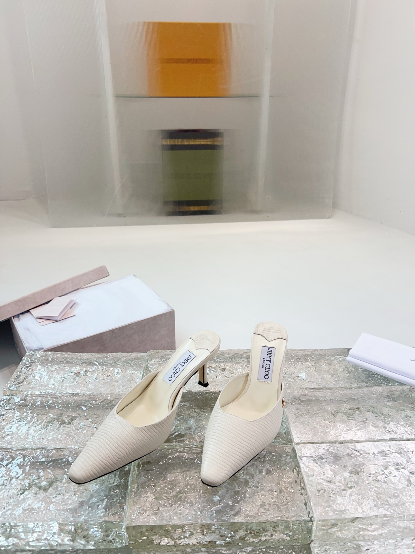 JIMMY CHOO High Heel Sandals Slingback Pointed Toe Pumps Crystal Straps + Imported Sheepskin Full Grain Crystal Sheepskin