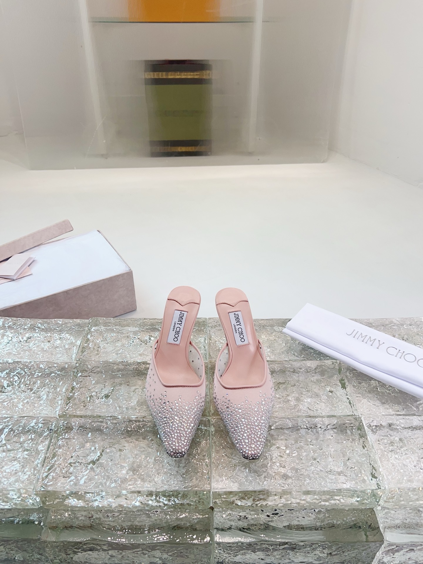JIMMY CHOO High Heel Sandals Slingback Pointed Toe Pumps Crystal Straps + Imported Sheepskin Full-Grain Crystal Sheepskin